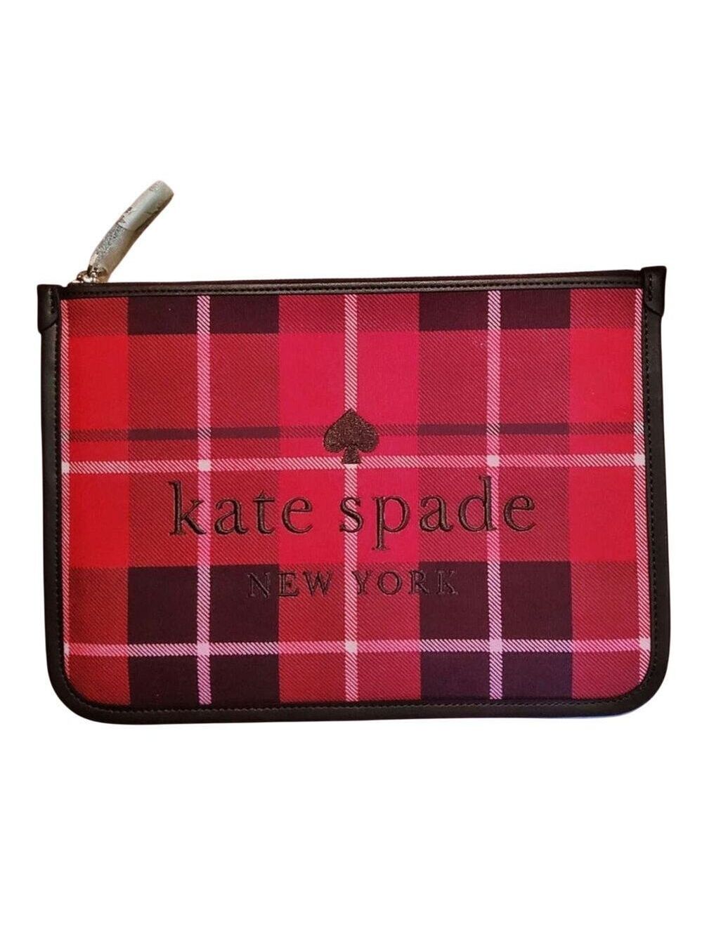 KATE SPADE ELLA PLAID LARGE CANVAS LEATHER POUCH